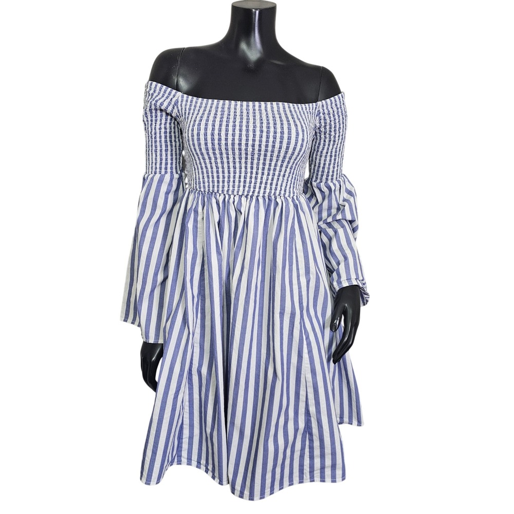 Torrid Blue White Stripe Off Shoulder Smocked Bell Sleeve Dress Womens 10